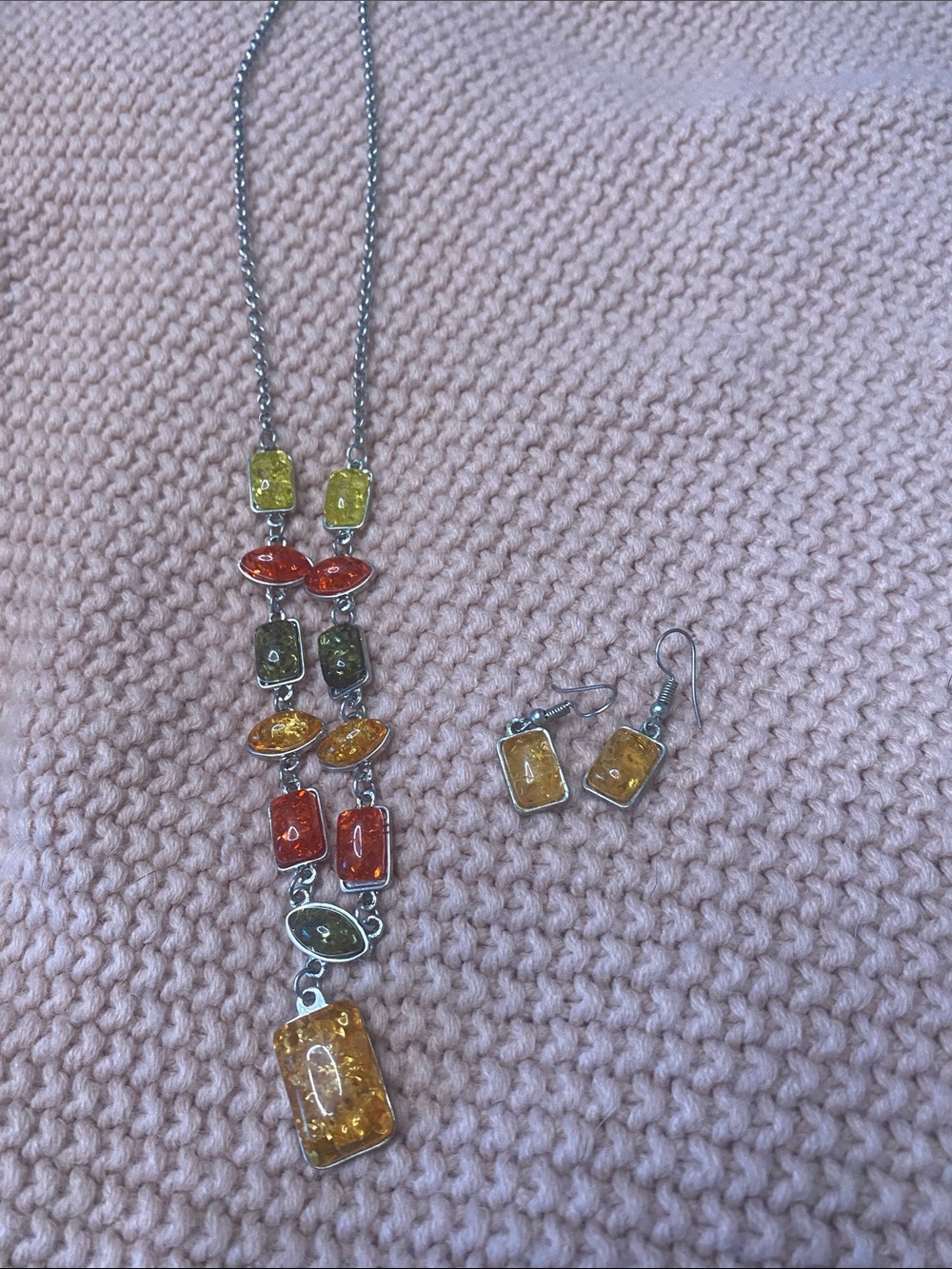 Faux Amber Resin Geometric Statement Necklace & Earring Set Multicolor Boho